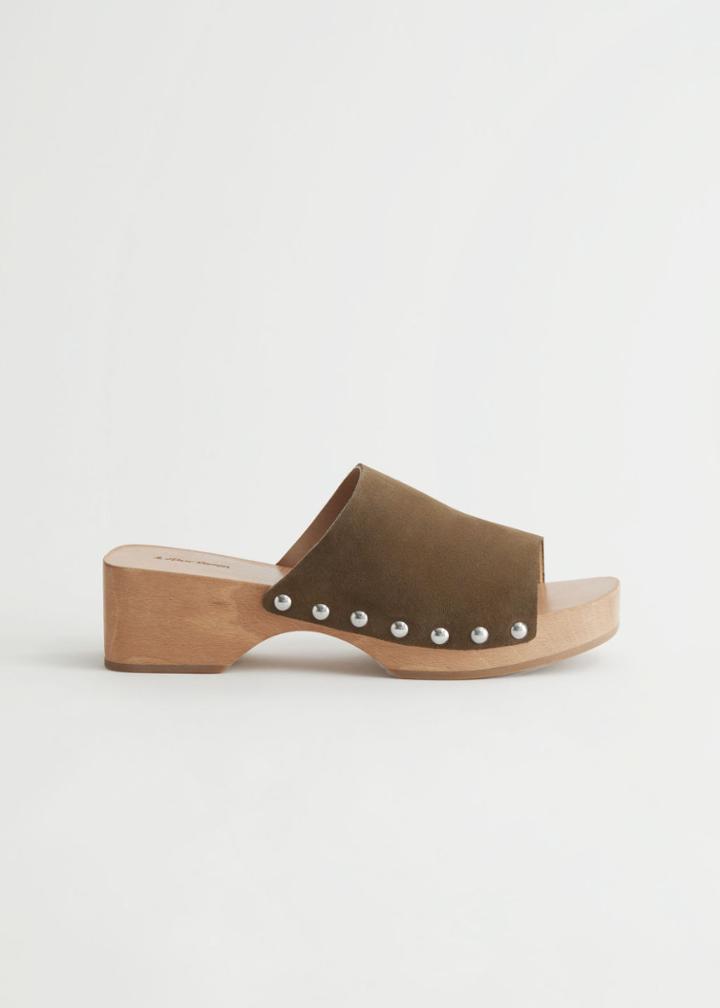 Other Stories Studded Suede Wooden Clogs - Green
