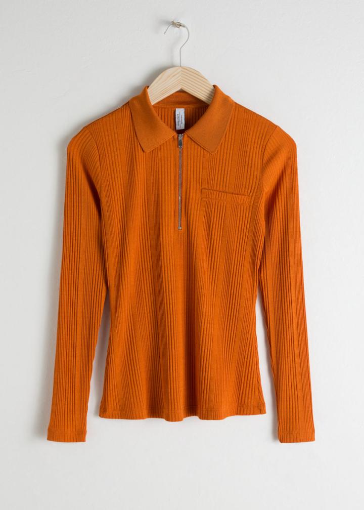 Other Stories Rib Knit Zippered Polo Top - Orange