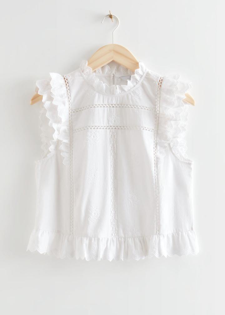 Other Stories Frilled Embroidery Top - White