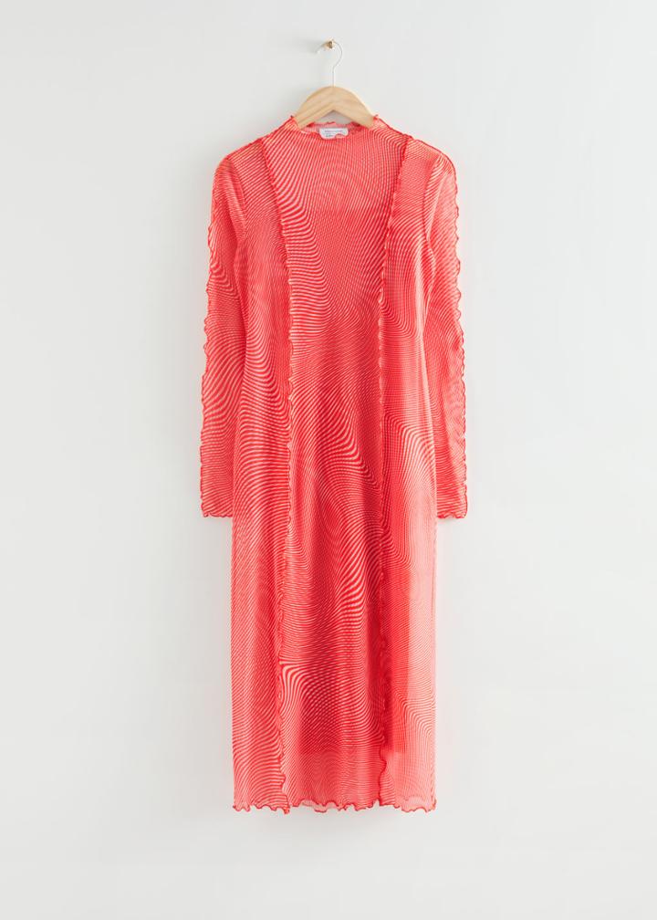 Other Stories Printed Lettuce Edge Midi Dress - Orange