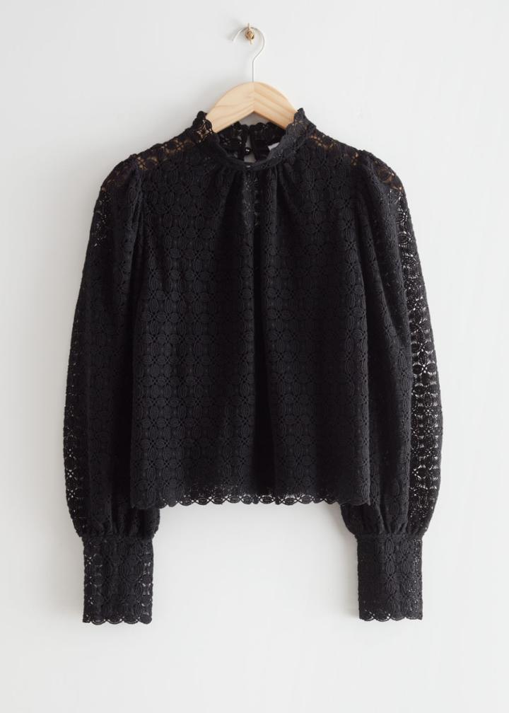 Other Stories Cropped Scallop Lace Blouse - Black