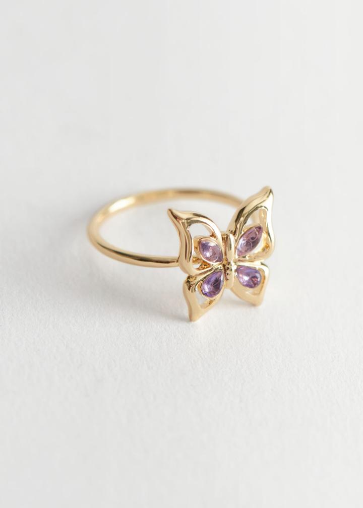 Other Stories Butterfly Stone Pendant Ring - Purple