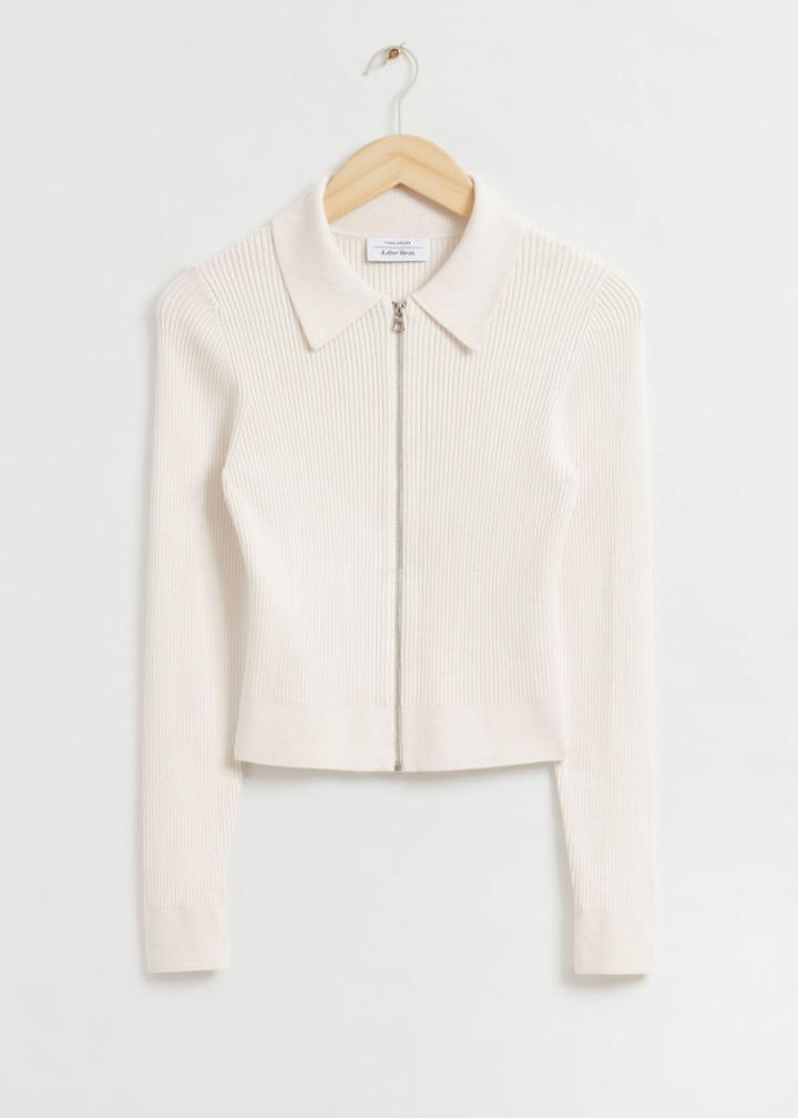 Other Stories Cropped Zip Front Ribbed Cardigan - White