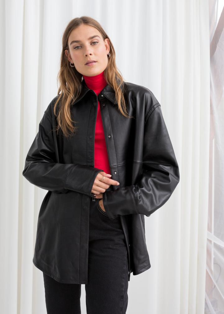 Other Stories Leather Button Up Overshirt - Black