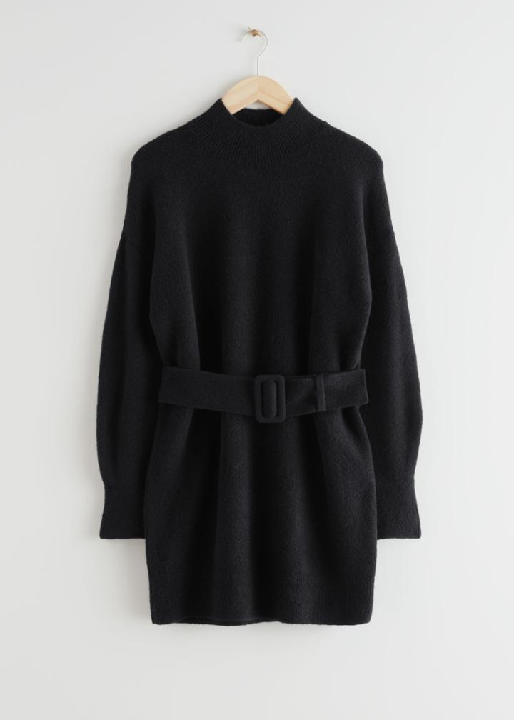Other Stories Belted Mini Knit Dress - Black