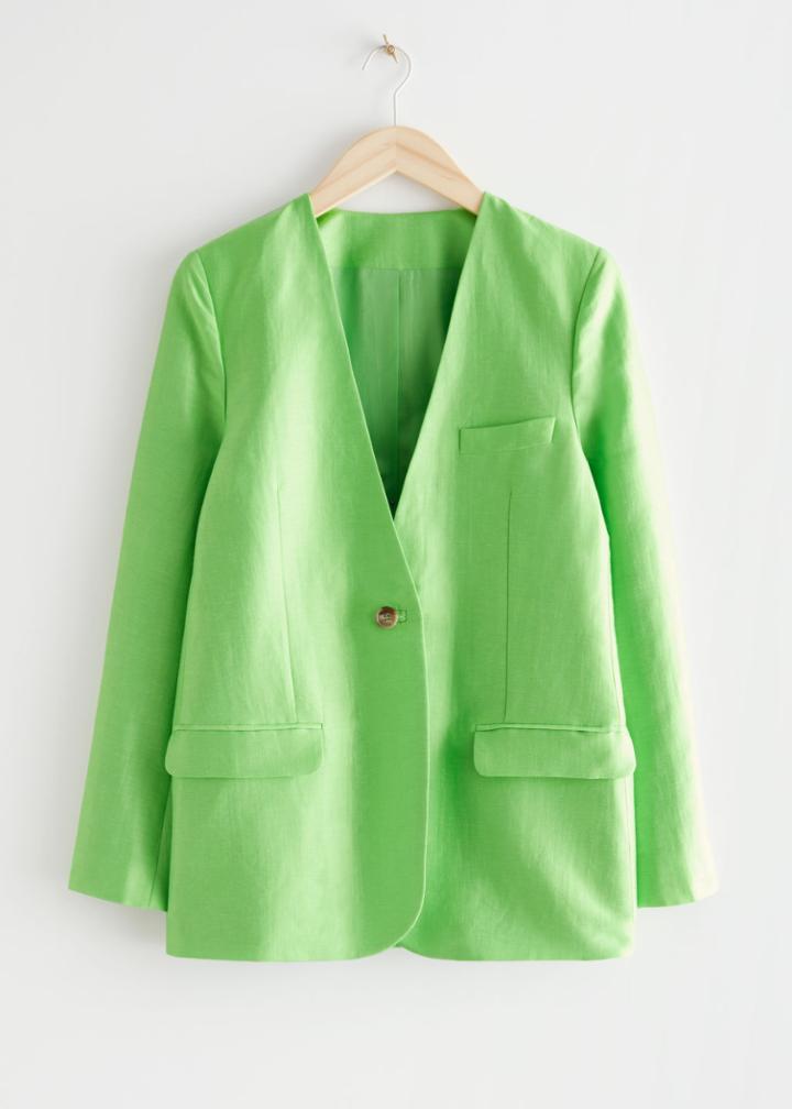 Other Stories Collarless Single Button Blazer - Green