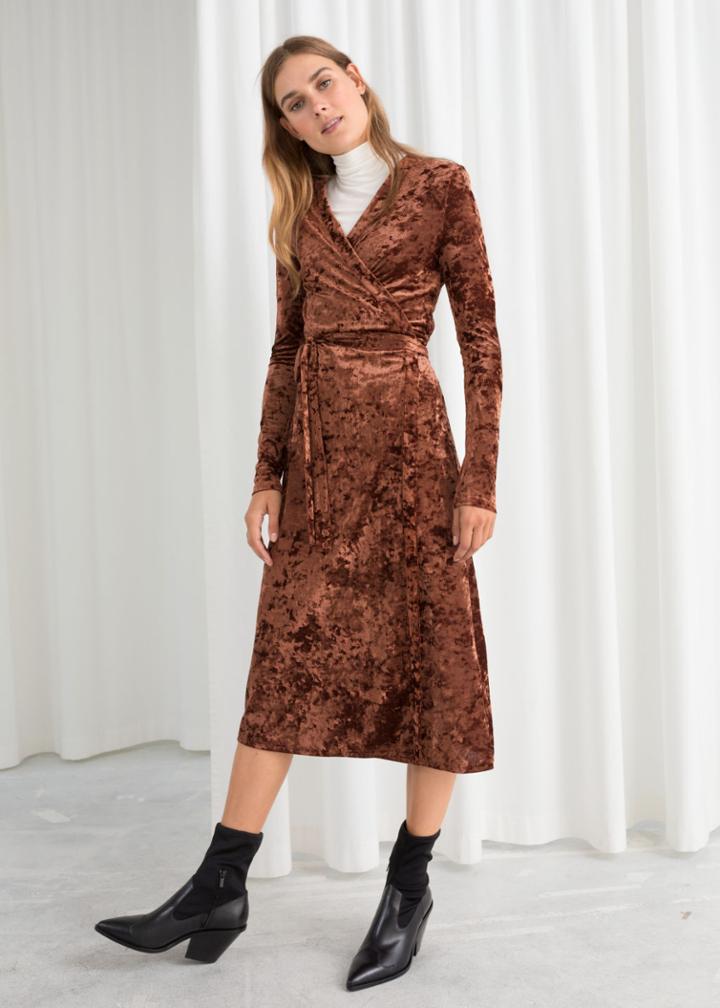 Other Stories Crushed Velvet Wrap Dress - Beige