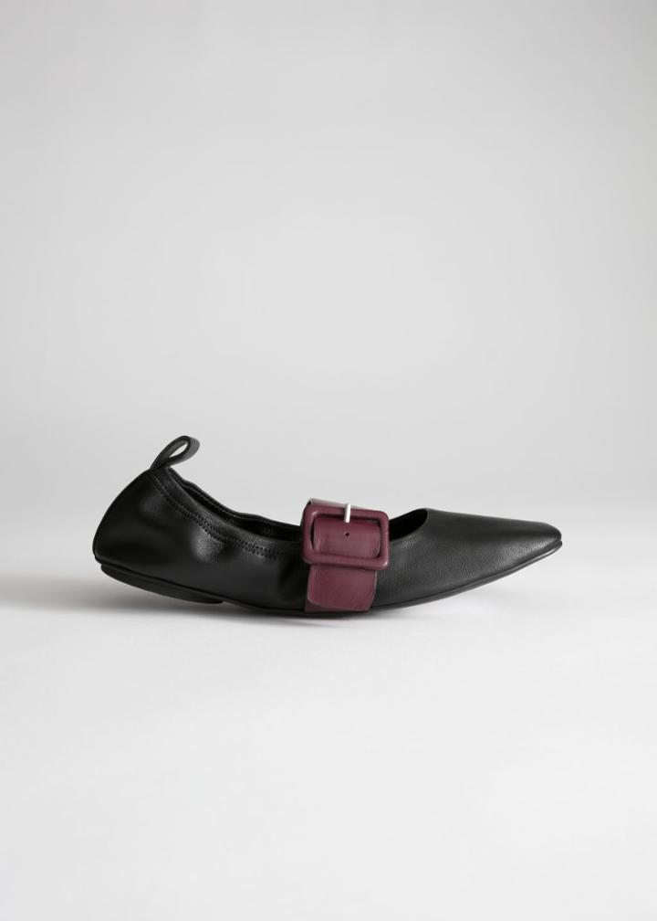 Other Stories Square Toe Buckled Leather Flats - Black
