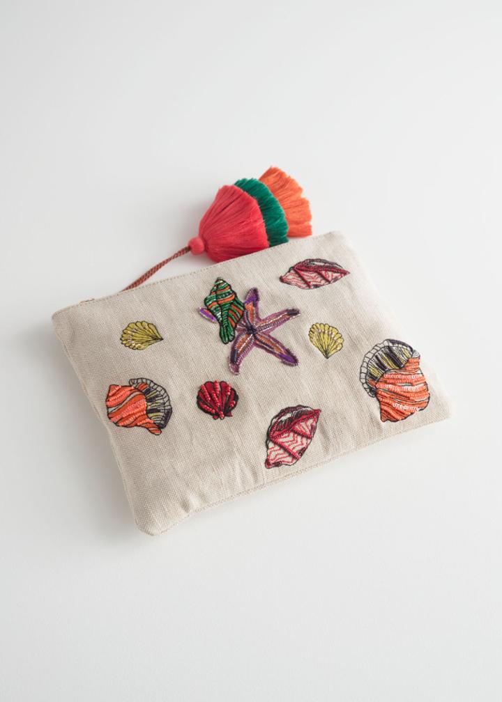 Other Stories Woven Embroidered Seashell Clutch - Beige