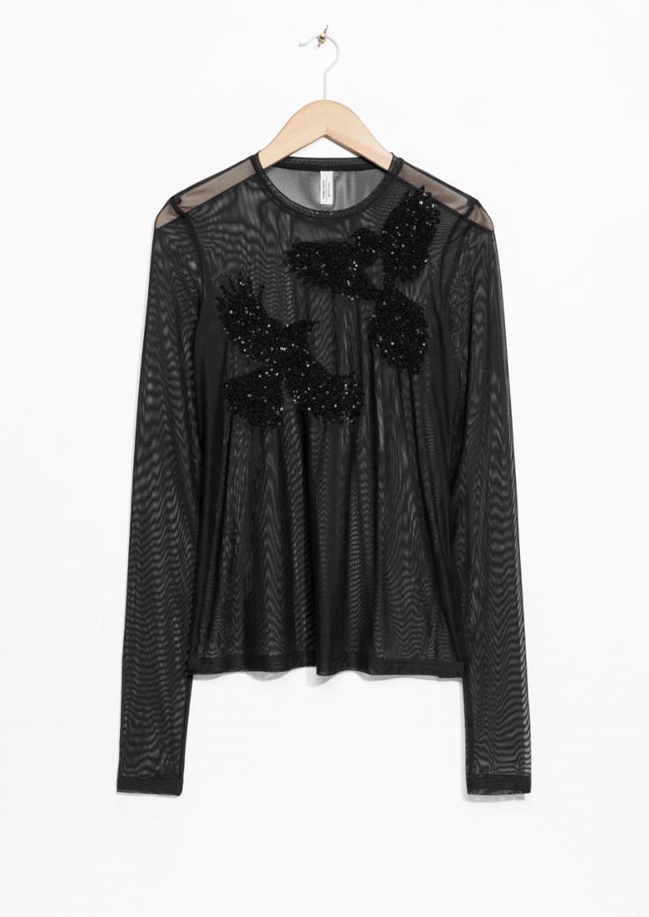 Other Stories Bird Embroidery Mesh Top