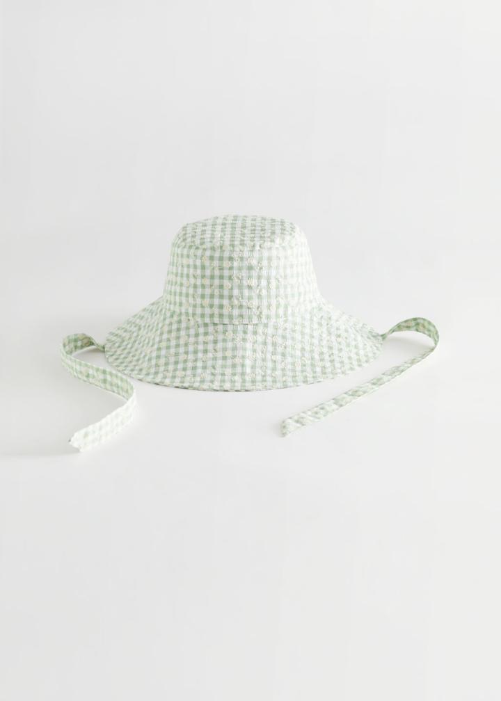 Other Stories Floral Gingham Ribbon Tie Bucket Hat - Turquoise