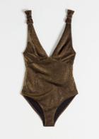 Other Stories Plunging Glitter Bow Tie Swimsuit - Gold
