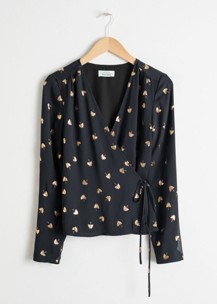 Other Stories Metallic Leaf Wrap Blouse - Black