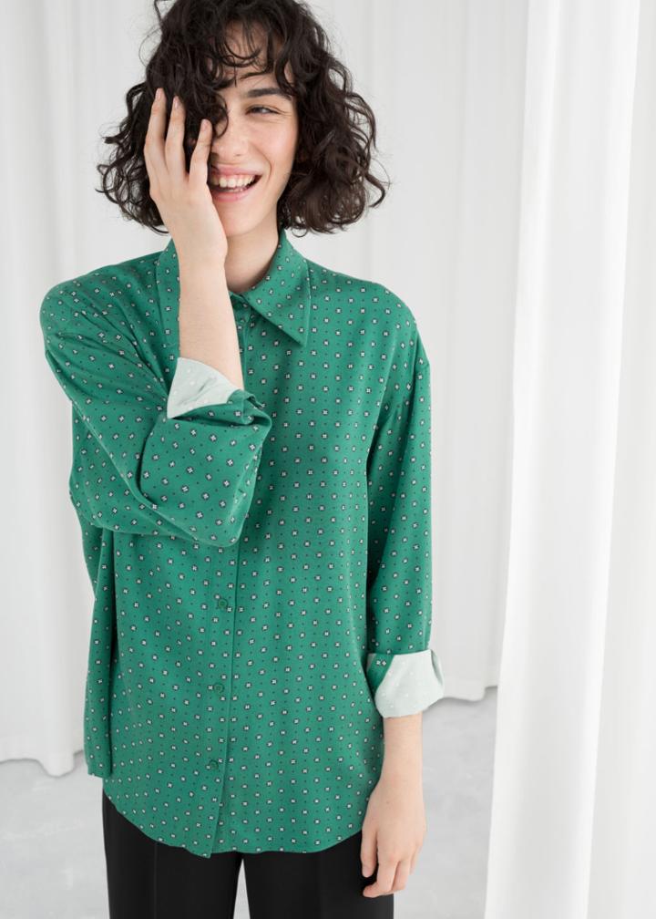 Other Stories Printed Button Up Shirt - Green