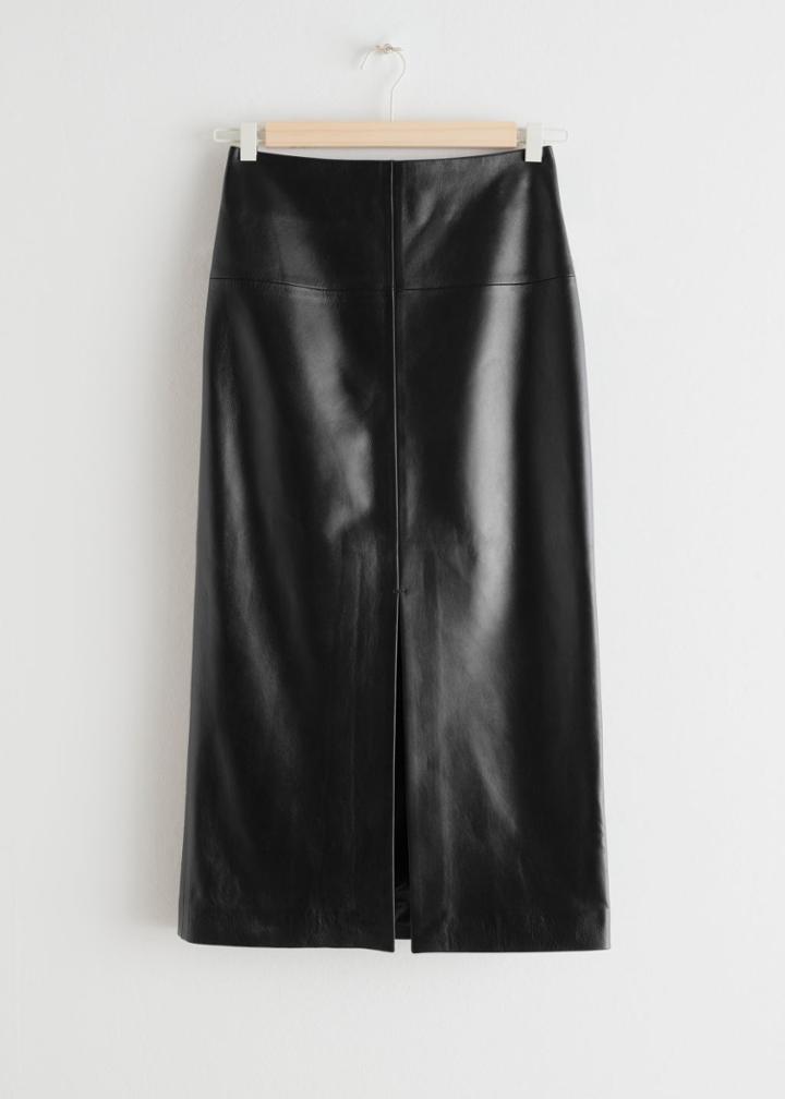 Other Stories Front Slit Leather Midi Skirt - Black
