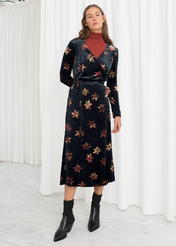 Other Stories Floral Velour Wrap Dress - Black