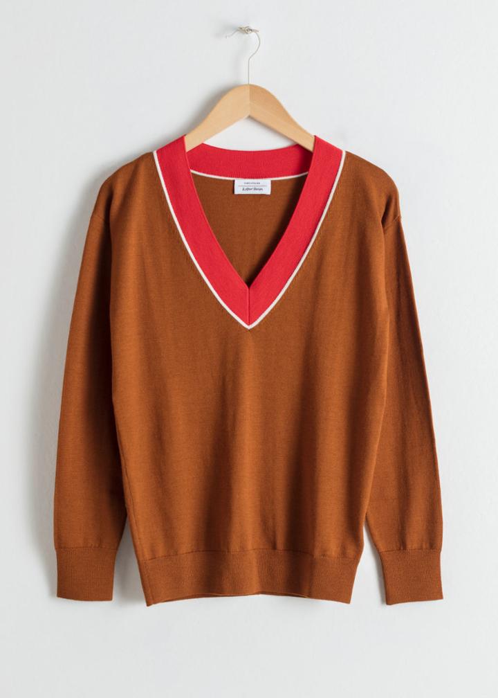 Other Stories Wool V-neck Varsity Sweater - Orange