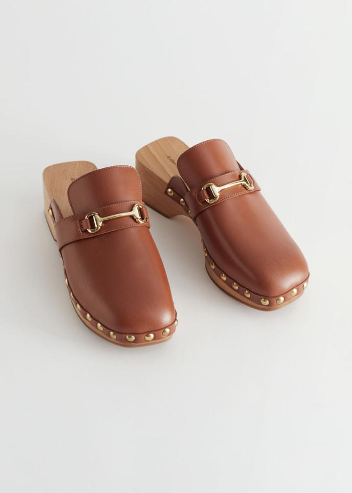 Other Stories Studded Leather Wooden Deco Clogs - Orange