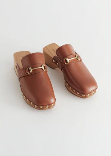 Other Stories Studded Leather Wooden Deco Clogs - Orange