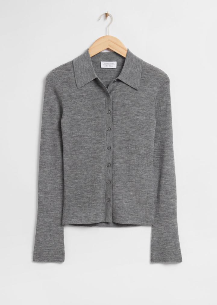 Other Stories Fitted Flared Cuff Merino Knit Top - Grey