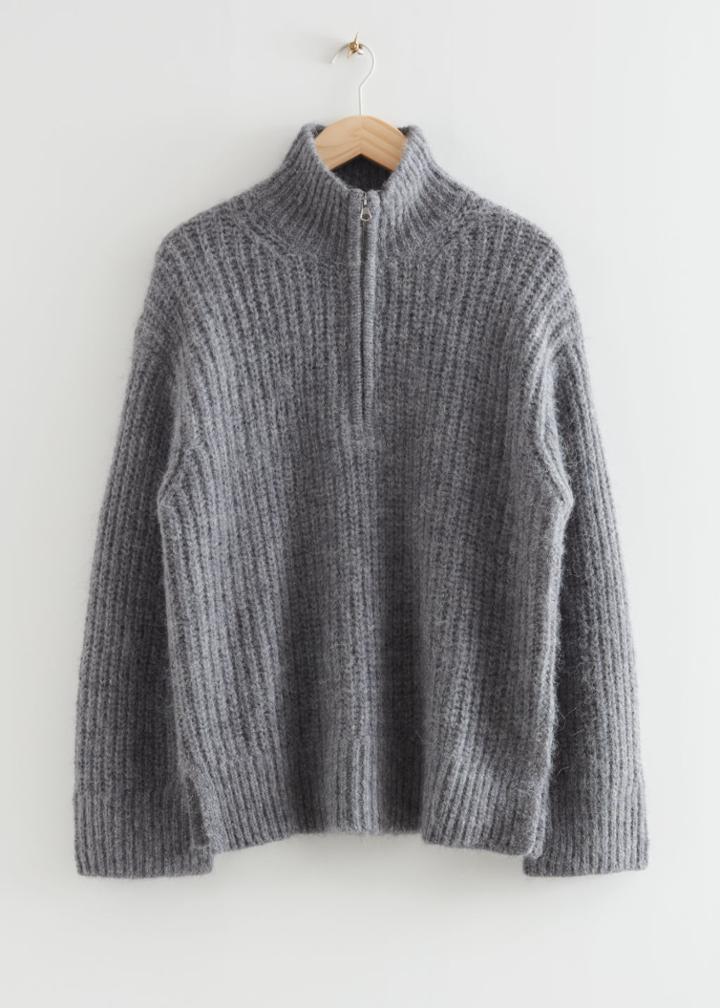 Other Stories Cable Knit Zip Sweater - Grey