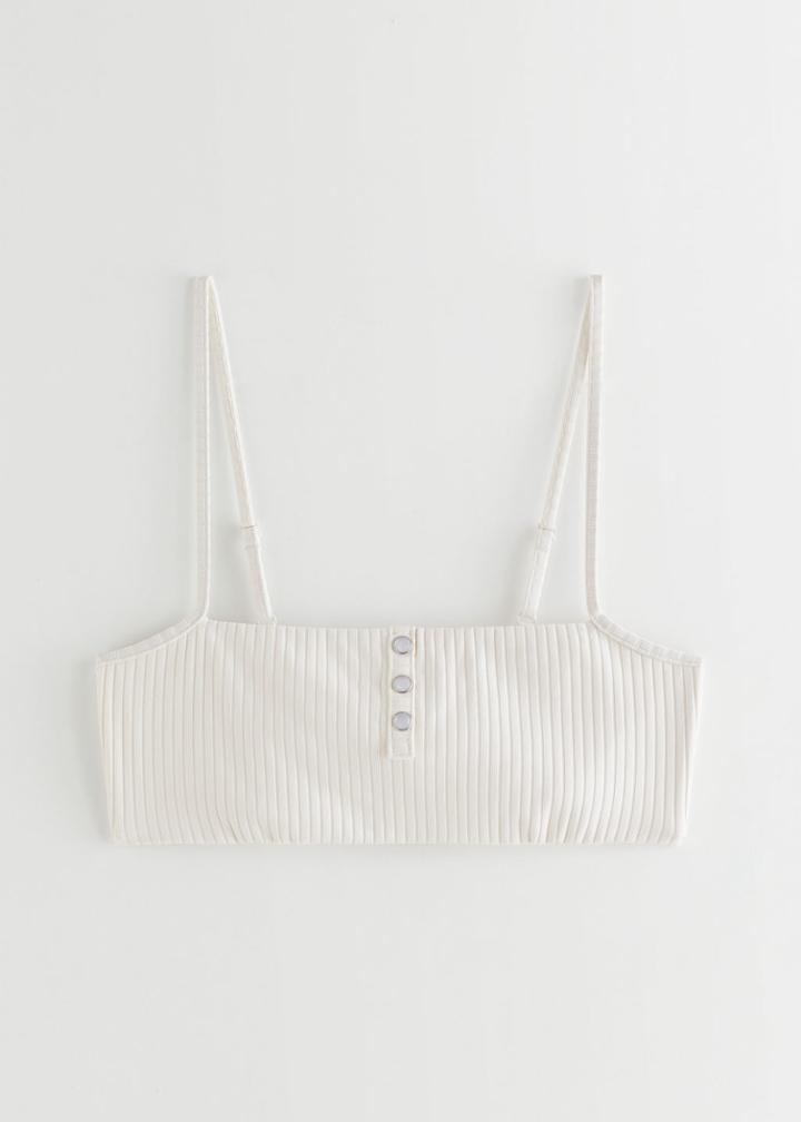 Other Stories Pearl Button Ribbed Bikini Top - White