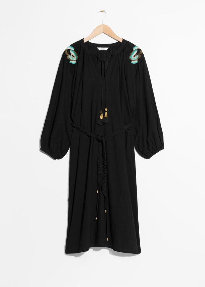 Other Stories Embroidered Tunic With Braided Belt - Black