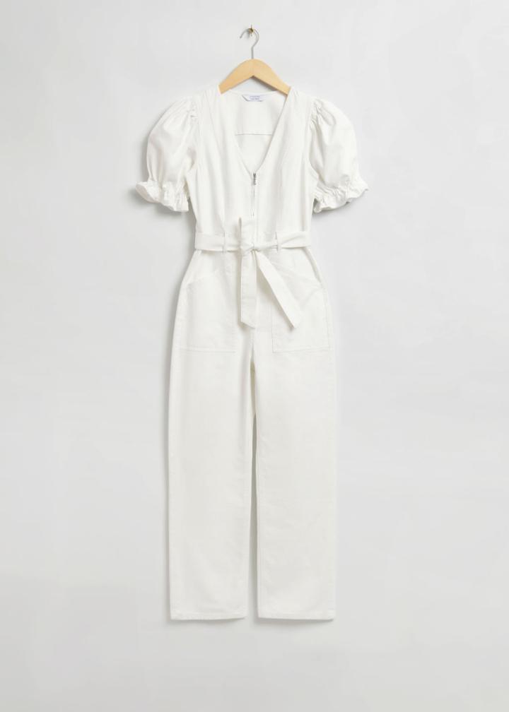 Other Stories Feminine Puff Sleeve V-neck Jumpsuit - White
