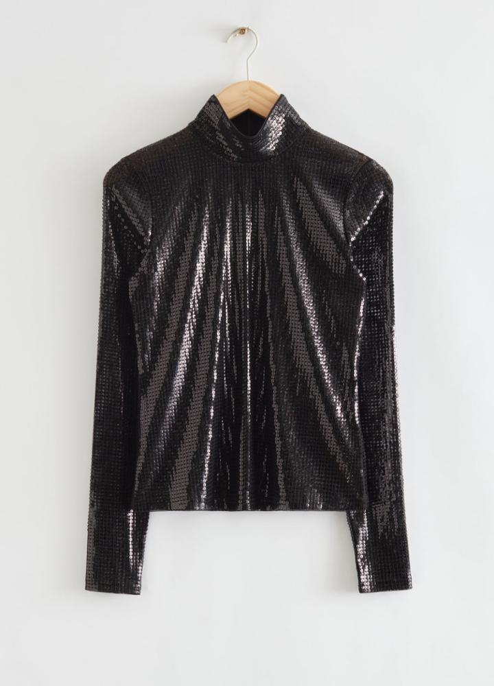 Other Stories Fitted Sequin Turtleneck Top - Black