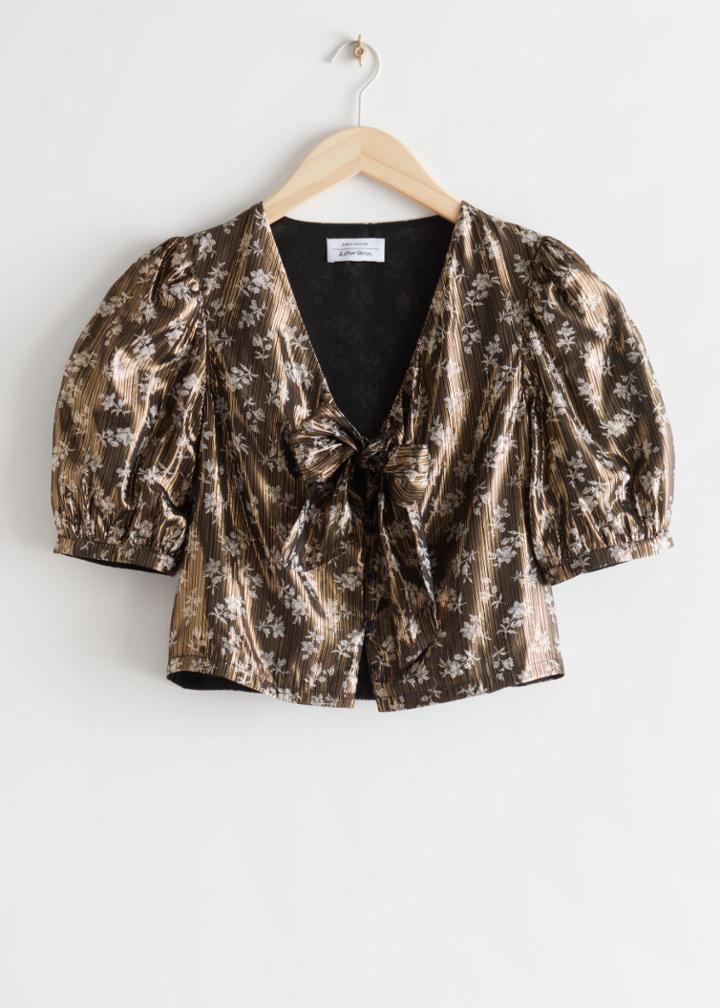 Other Stories Cropped Metallic Bow Top - Black