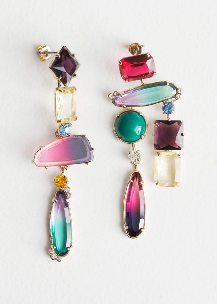 Other Stories Rainbow Rhinestone Hanging Earrings - Pink