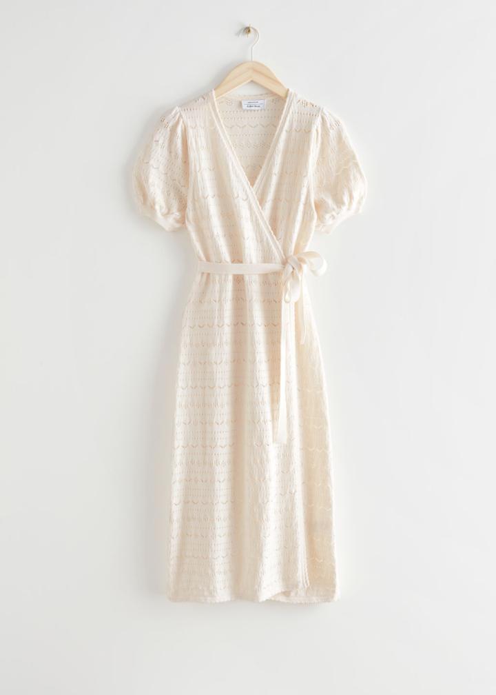 Other Stories Pointelle Knit Midi Wrap Dress - White