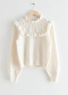 Other Stories Embroidered Ruffle Knit Sweater - White