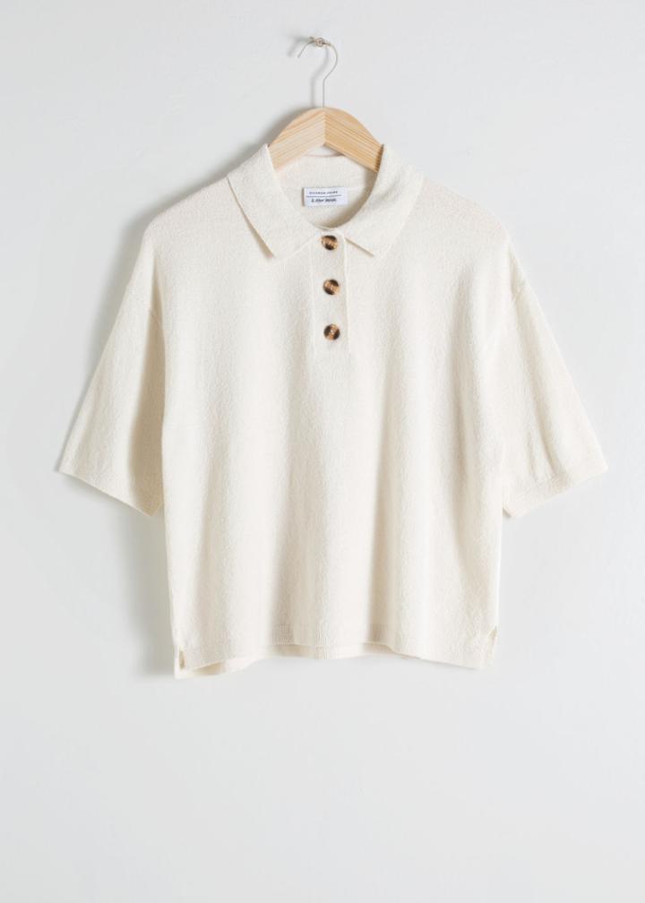 Other Stories Textured Cotton Blend Polo Top - White
