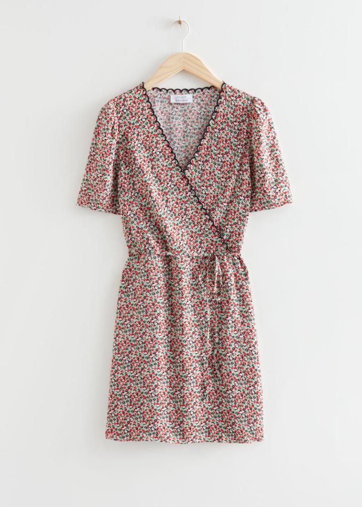 Other Stories Printed Scallop Wrap Mini Dress - Black