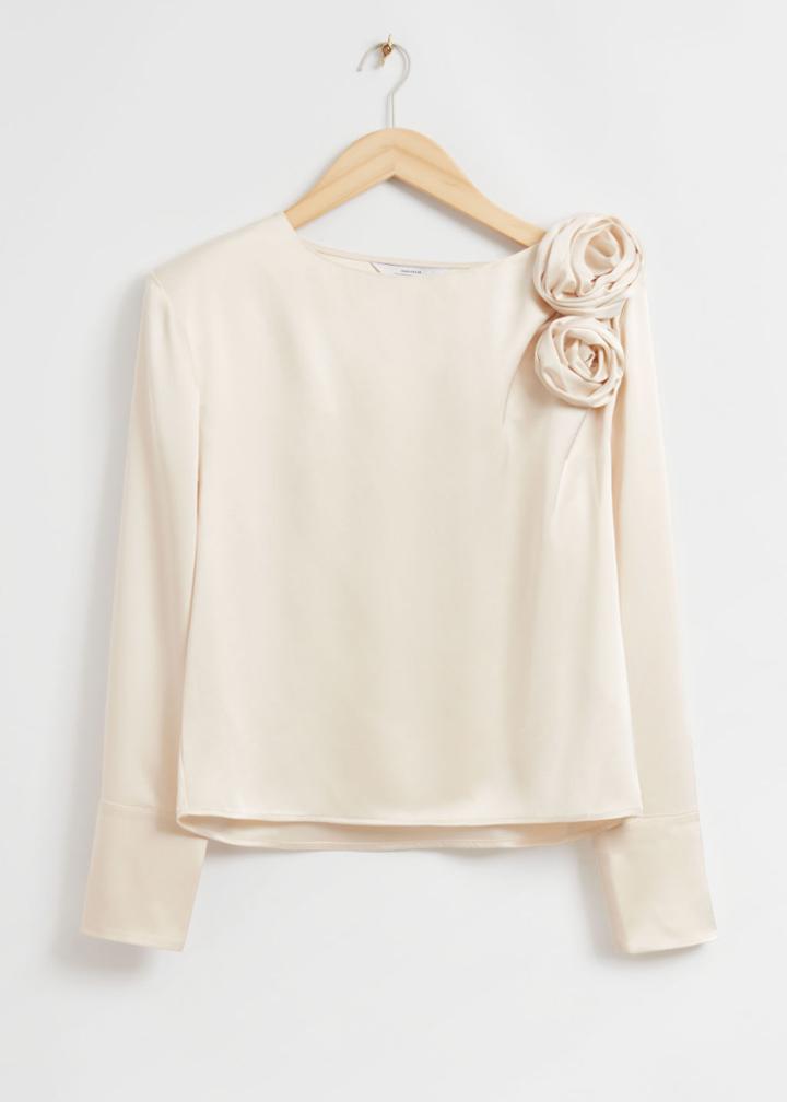 Other Stories Rose Appliqu Ruched '80s Blouse - Beige