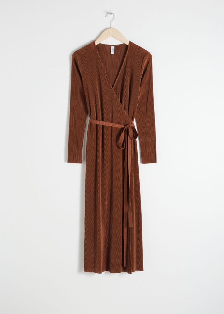 Other Stories Pliss Pleated Wrap Dress - Brown
