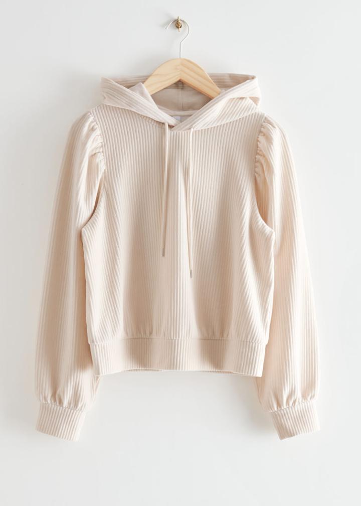 Other Stories Puff Shoulder Velour Hoodie - Beige