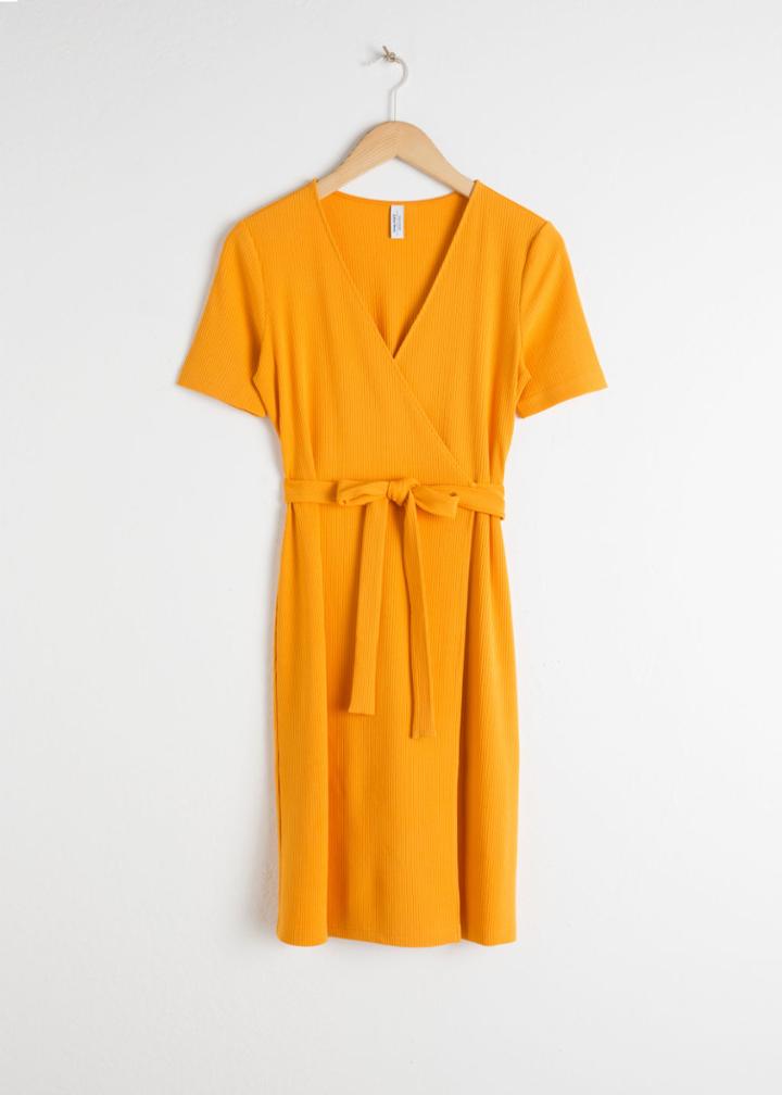 Other Stories Stretchy Ribbed Wrap Dress - Yellow