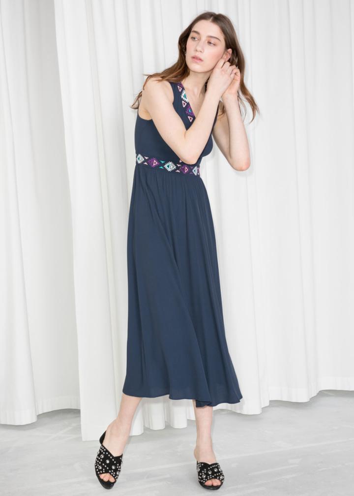 Other Stories Embroidered Midi Dress - Blue