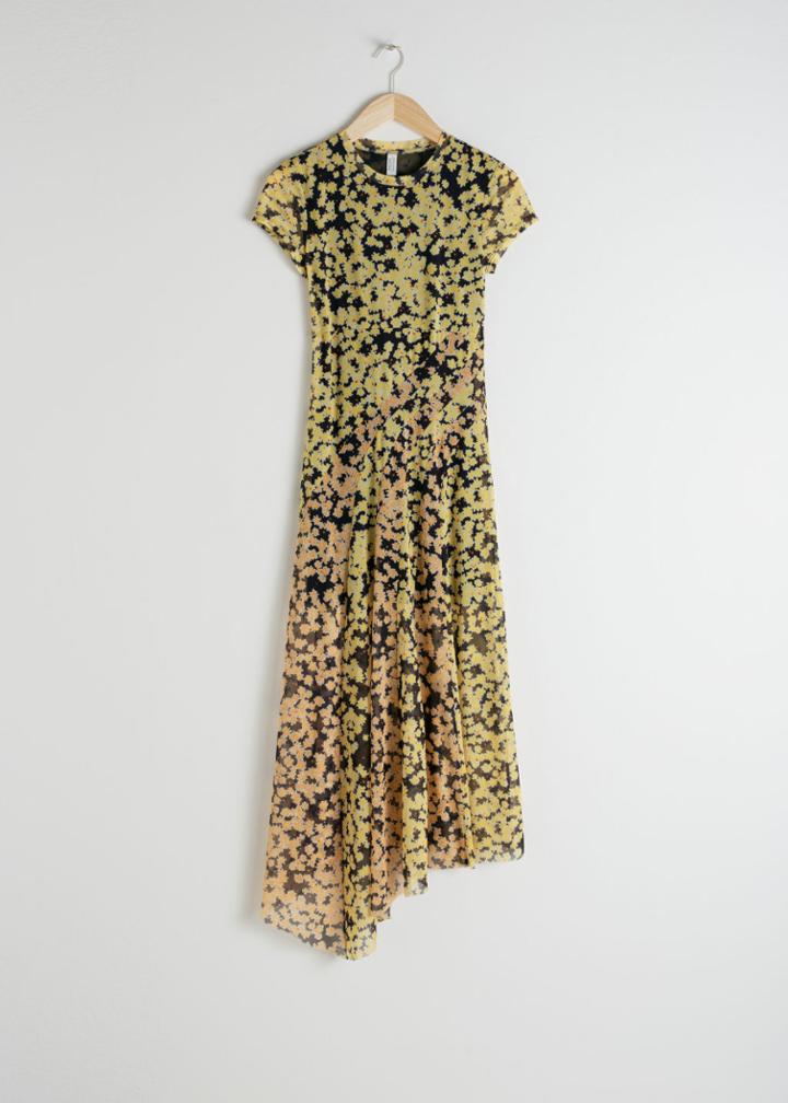 Other Stories Stretch Mesh Floral Midi Dress - Yellow