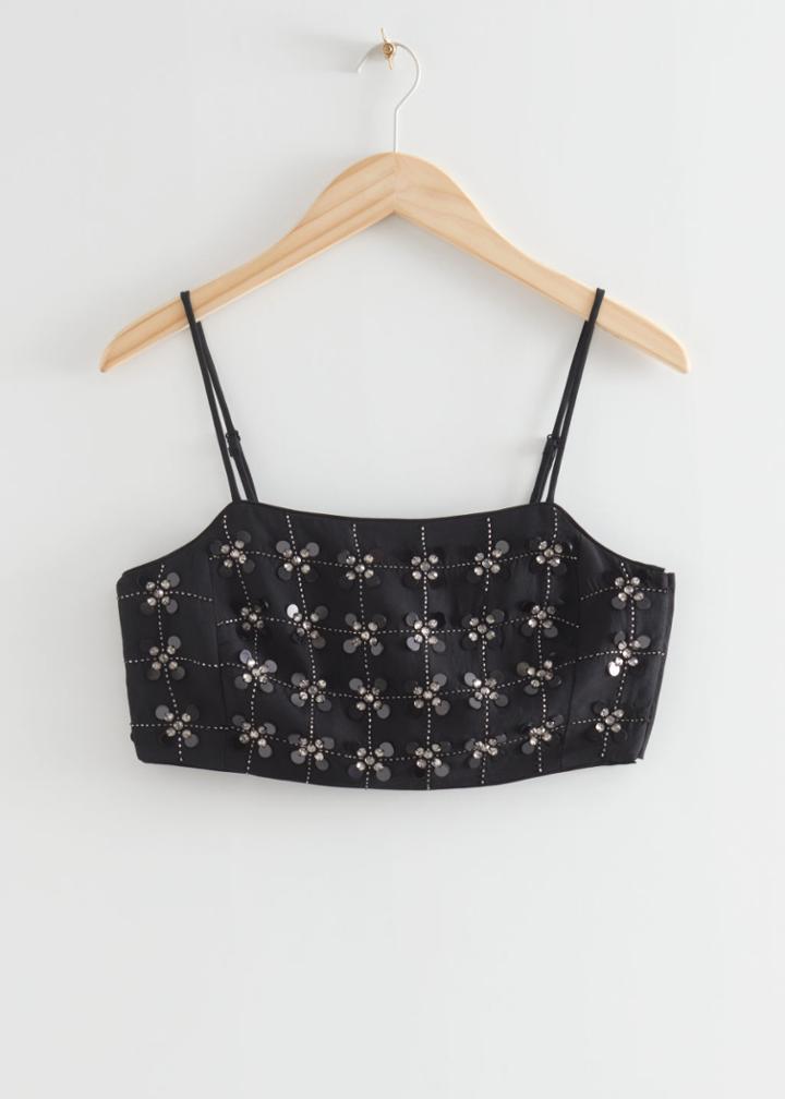 Other Stories Cropped Embroidered Party Top - Black
