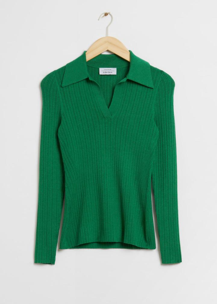Other Stories Fitted Ribbed Polo Top - Green