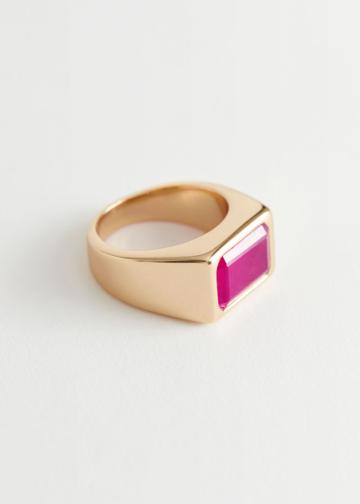 Other Stories Rectangular Glass Stone Ring - Pink