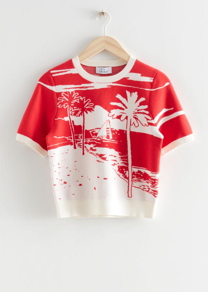 Other Stories Jacquard Knit Landscape Top - Red