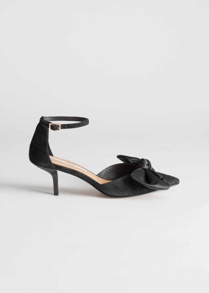 Other Stories Suede Satin Bow Kitten Heels - Black