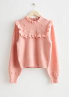 Other Stories Embroidered Ruffle Knit Sweater - Pink