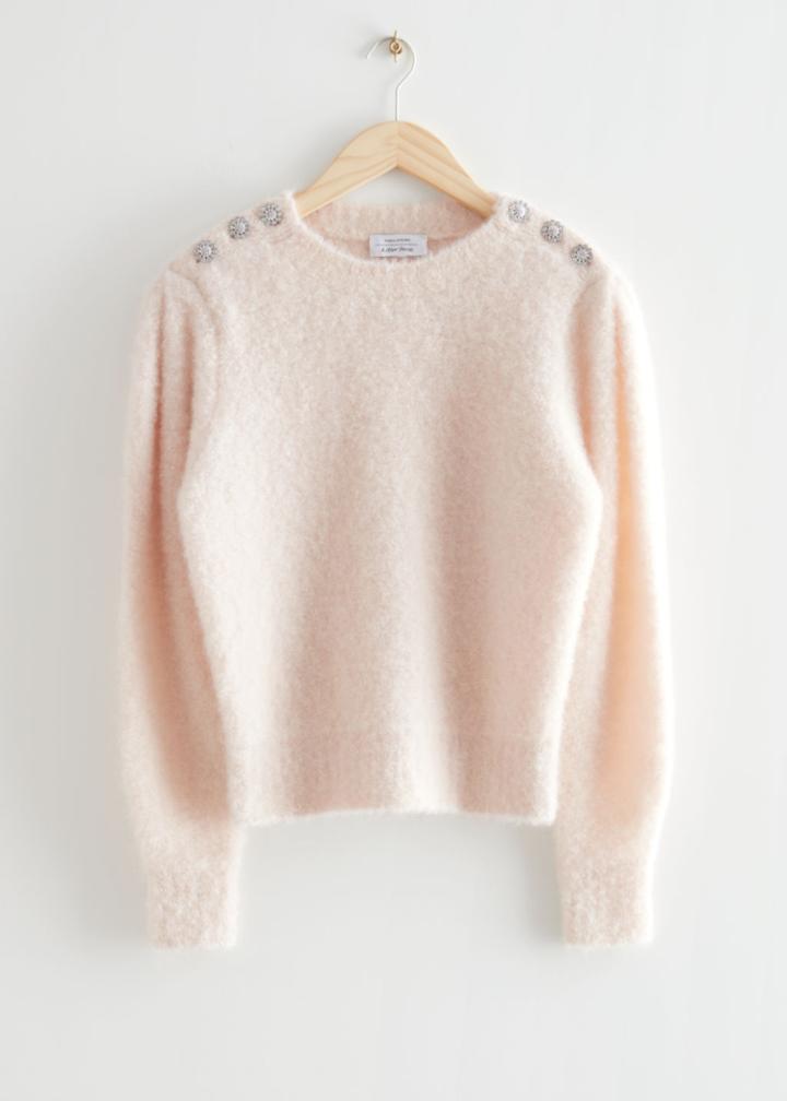 Other Stories Rhinestone Button Knit Sweater - Beige