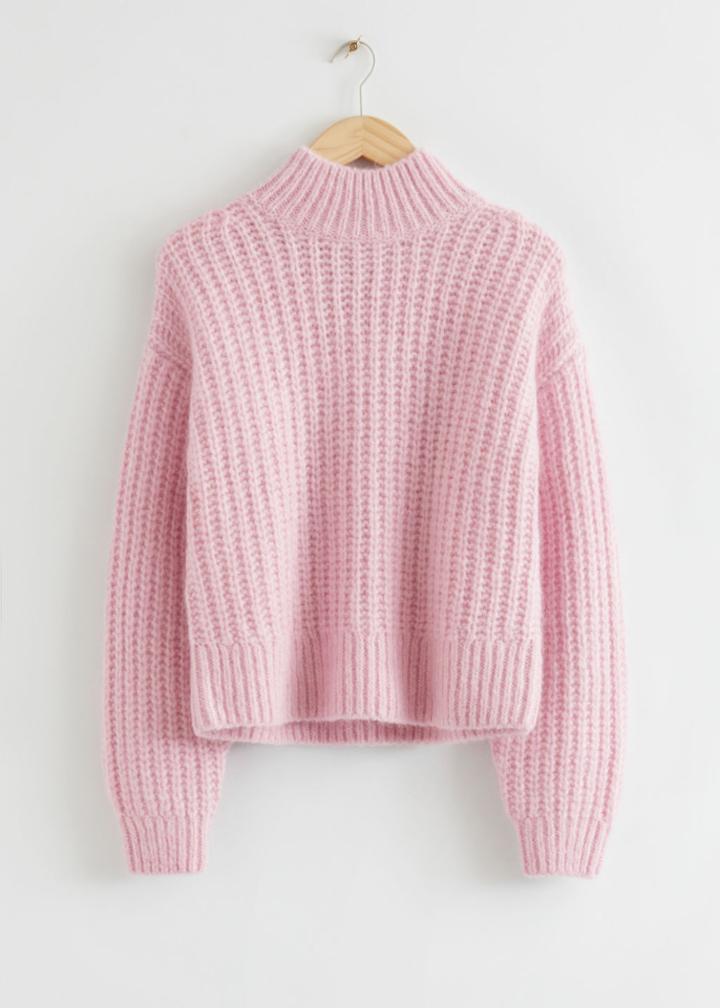 Other Stories Fluffy Mock Neck Ribbed Sweater - Pink
