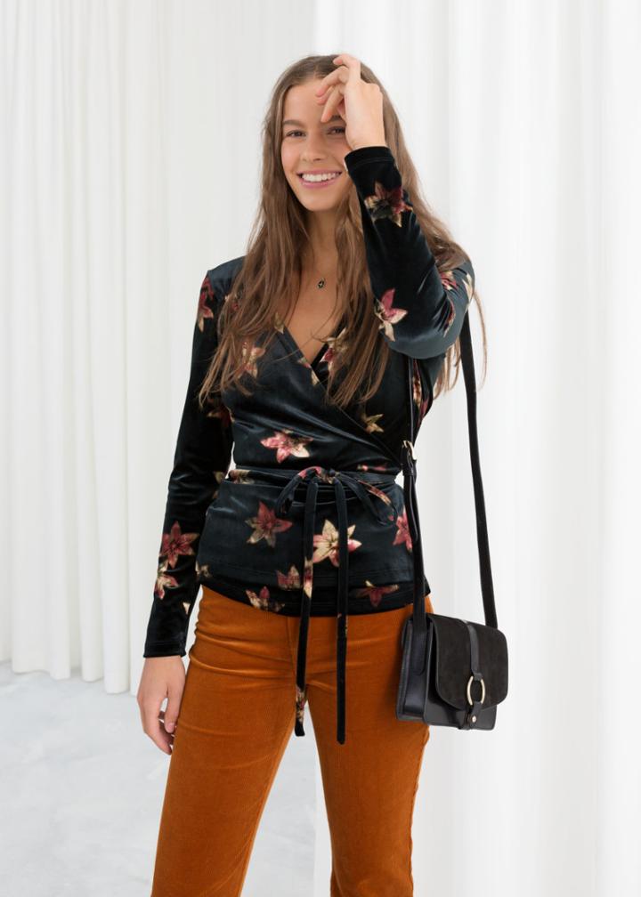 Other Stories Floral Velvet Wrap Top - Black